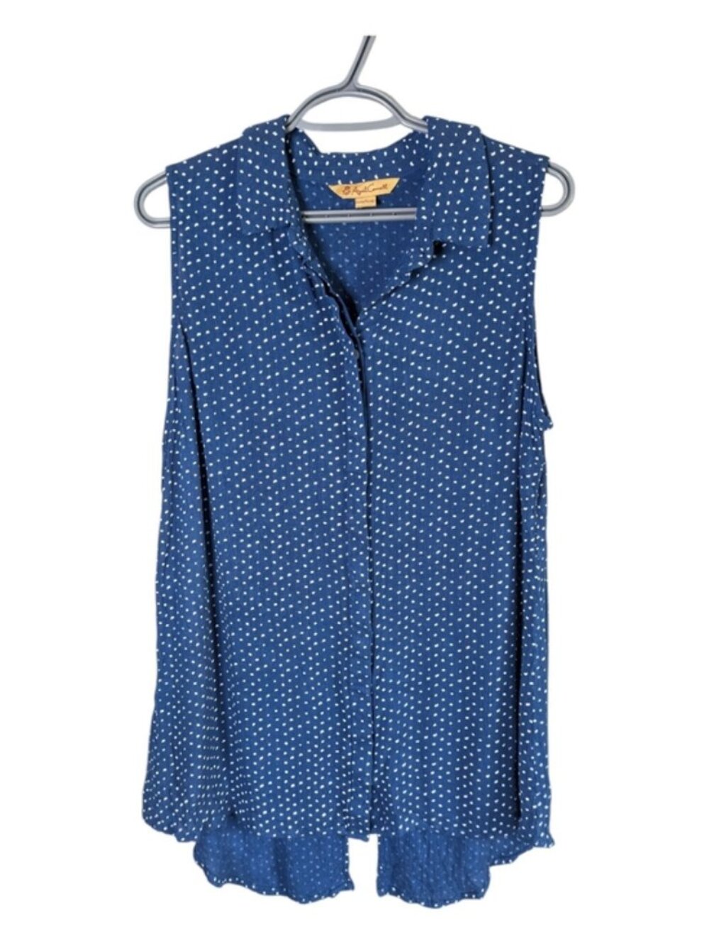 April Cornell Blue Sleeveless Button Down Top Polka Dots Split Back Size Small